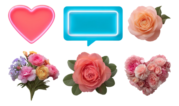 Colorful Heart and Floral Collection with Neon Elements on Transparent Background
