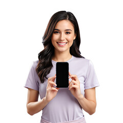 Fototapeta premium Smiling young woman holding a blank smartphone
