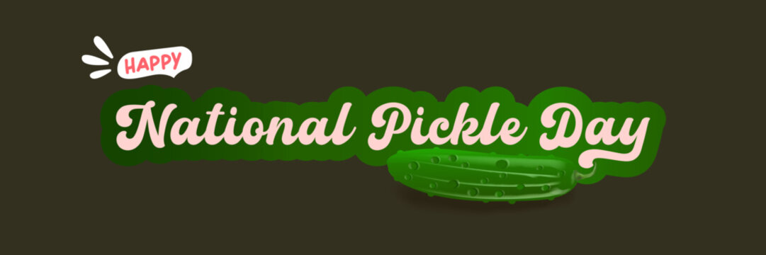 National Pickle day horizontal banner design template with text and pickled cucumbers isolated on grey geometric pattern background. Pickle day flyer. 14 november national day of pickled cucumber