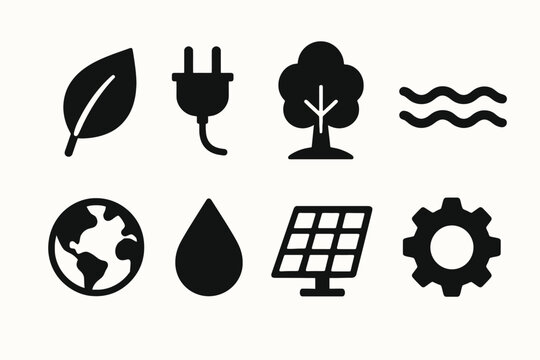 Sustainable energy icons: leaf, plug, tree, water, earth, droplet, solar panel, gear
