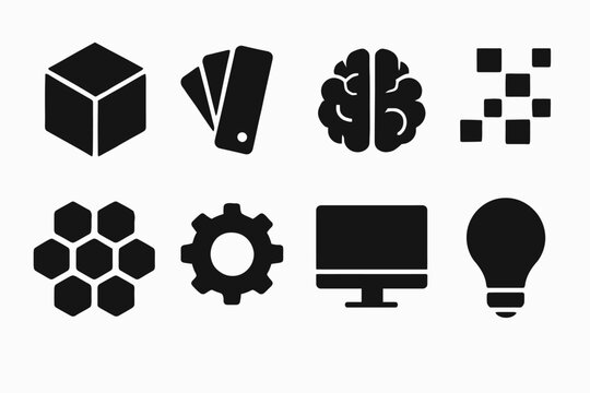 Black icons: cube, swatches, brain, pixels, honeycomb, gear, computer, light bulb