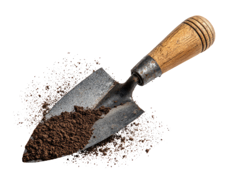 Rusty trowel filled with soil, wooden handle