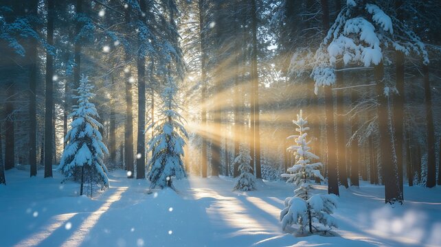 Sunbeams pierce through snow covered trees in a winter forest - Powered by Adobe