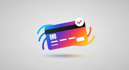A vibrant credit card hovers against a soft gray backdrop, adorned with a check mark, symbolizing secure and successful transactions