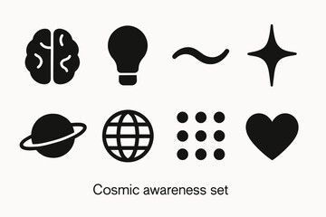 Cosmic awareness set: brain light bulb wave star planet globe dots heart icons