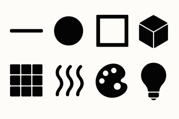 Minimalist black icon set featuring geometric shapes and art symbols
