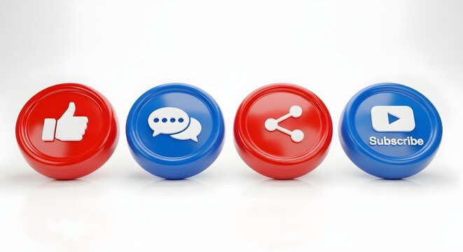 Social media icons with like, comment, share, and subscribe buttons