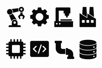 Industrial and technological icons: automation, gear, cnc, and database symbols