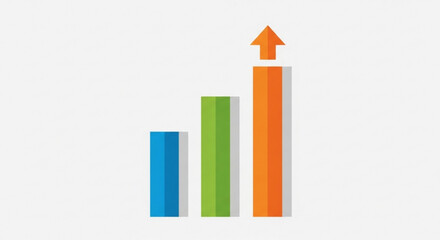 A bar graph showing business growth with blue, green, and orange columns and an upwardpointing arrow on the rightmost column