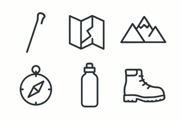 Outdoor adventure essentials: hiking stick, map, mountains, compass, water bottle, boot icons