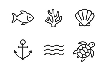Minimalist ocean icons: fish, coral, shell, anchor, waves, turtle