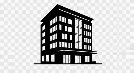 A black and white silhouette of a modern office building on a transparent background, showcasing its architectural design and structural elements