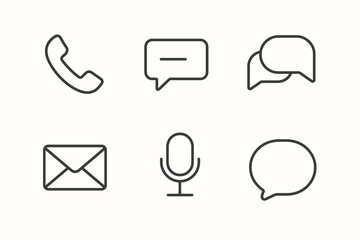 Minimalistic communication icons including phone, chat, mail, microphone, and speech bubbles