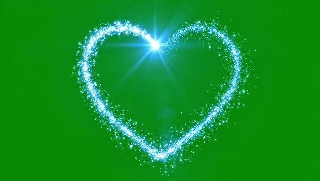 Blue Particle Heart Animation on Green Screen, Glowing Azure Sparkle Trail, Star-Like Light Particle Drawing Heart Outline, Romantic Motion Graphics, Loopable VFX