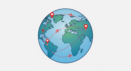 World travel concept earth globe with airplane flying around, destination point vector illustration for tourism