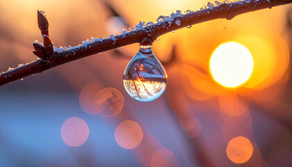 Water droplet reflecting sunset on a snowy branch