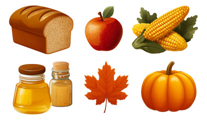 Fresh Bread, Apple, Corn, Honey, Maple Leaf, and Pumpkin on Transparent Background