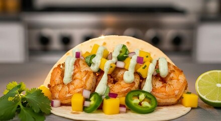 Shrimp tacos with mango salsa and cilantro cream