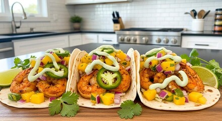 Shrimp tacos with mango salsa and cilantro cream