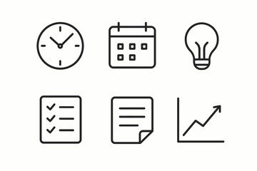 Minimalist line art icons: clock calendar lightbulb checklist document graph