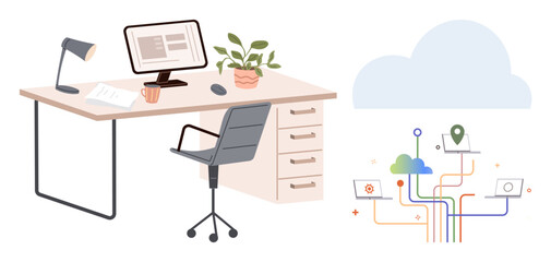 Modern desk setup with computer, lamp, plant, and coffee cup next to a cloud connectivity diagram. Ideal for productivity, technology, remote work, innovation, digital transformation cloud