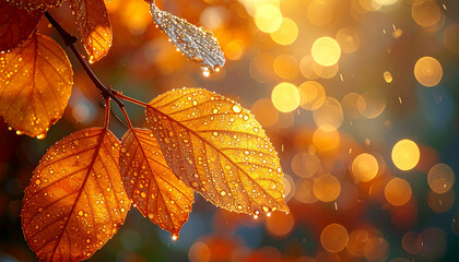 Close-up of leaves with water droplets at sunset