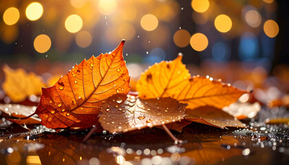 Close-up of leaves with water droplets at sunset