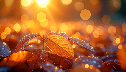Close-up of leaves with water droplets at sunset