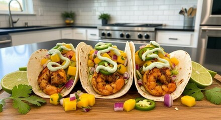 Shrimp tacos with mango salsa and cilantro cream