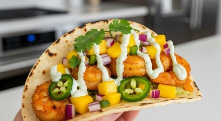 Shrimp tacos with mango salsa and cilantro cream
