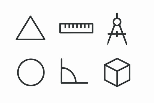 Geometric shapes with triangle, ruler, compass, circle, protractor, and cube icons