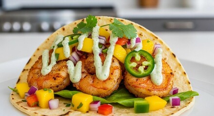 Shrimp tacos with mango salsa and cilantro cream