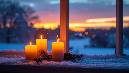 Candles on a snowy windowsill at sunset