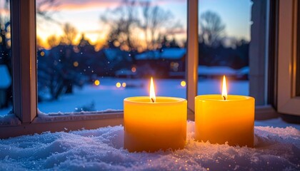Two candles glowing in the snow at sunset
