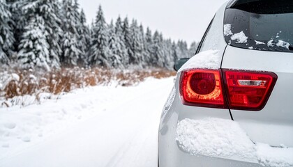 Car parked on snowy road with pine trees