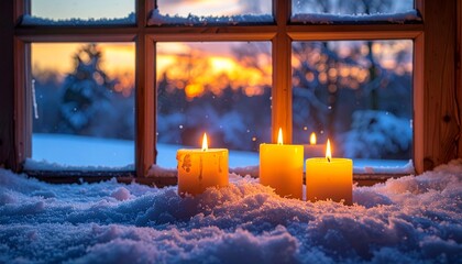 Two candles glowing in the snow at sunset