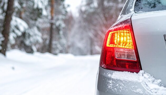 Car parked on snowy road with pine trees - Powered by Adobe