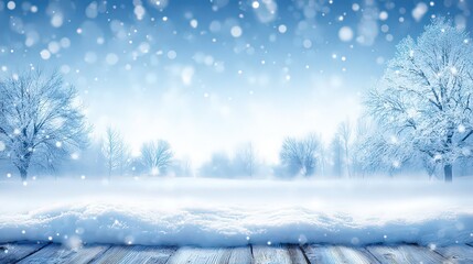 Winter Landscape Featuring Snow Covered Trees and a Wooden Surface with Falling Snow and Bokeh Effect
