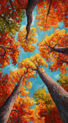 Vibrant autumn leaves and tall trees under a clear blue sky in a peaceful forest setting
