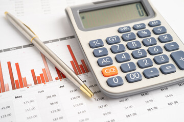 Calculator with pen on data business graphs paper.