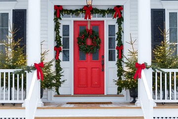 Charming Home Exterior with Festive Christmas Decorations Adorning the Front Door and Porch Railings 