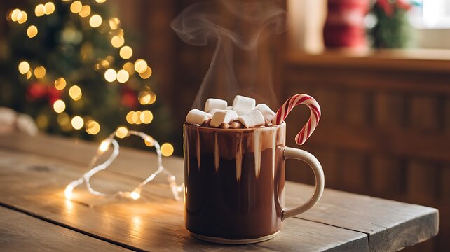 Cozy christmas hot chocolate with marshmallows and candy cane by festive lights