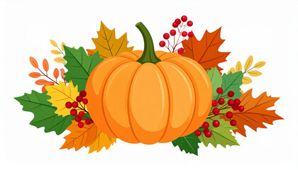 Naklejka premium Autumn pumpkin with colorful leaves and berries
