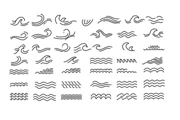 Minimalist vector set of wave line icons featuring ocean waves, ripples, and flowing patterns, perfect for marine themes, surf branding, aquatic symbols, and decorative graphic designs.