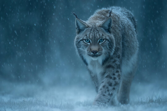 A spotted lynx stalking in a winter snowstorm. Firece predator in the cold. Wildlife expedition.