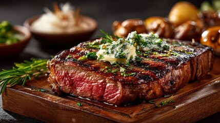 Close Up Shot of Grilled Steak on Wooden Board with Herbs and Butter Served with Potatoes and Mushrooms