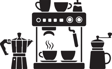 Modern Coffee Corner Silhouette with Espresso Machine Cups Saucer Coffee Beans Kettle Mug Grinder and Sugar Jar