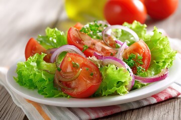 Fresh Garden Salad Featuring Red Tomatoes Green Lettuce and Purple Onions Plated on White Dish atop Patterned Napkin on Wood Table
