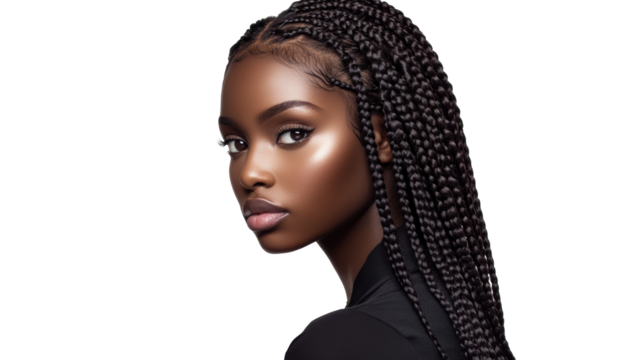 Serious woman with long box braids
