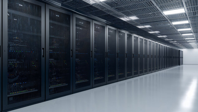 Modern data center with rows of server racks and advanced technology
